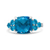 18K White Gold 10mm Cushion Shaped Blue Topaz and 1/6 Cttw Diamond 3 Stone Style Ring (F-G Color, VS1-VS2 Clarity) - Ring Size 6.5