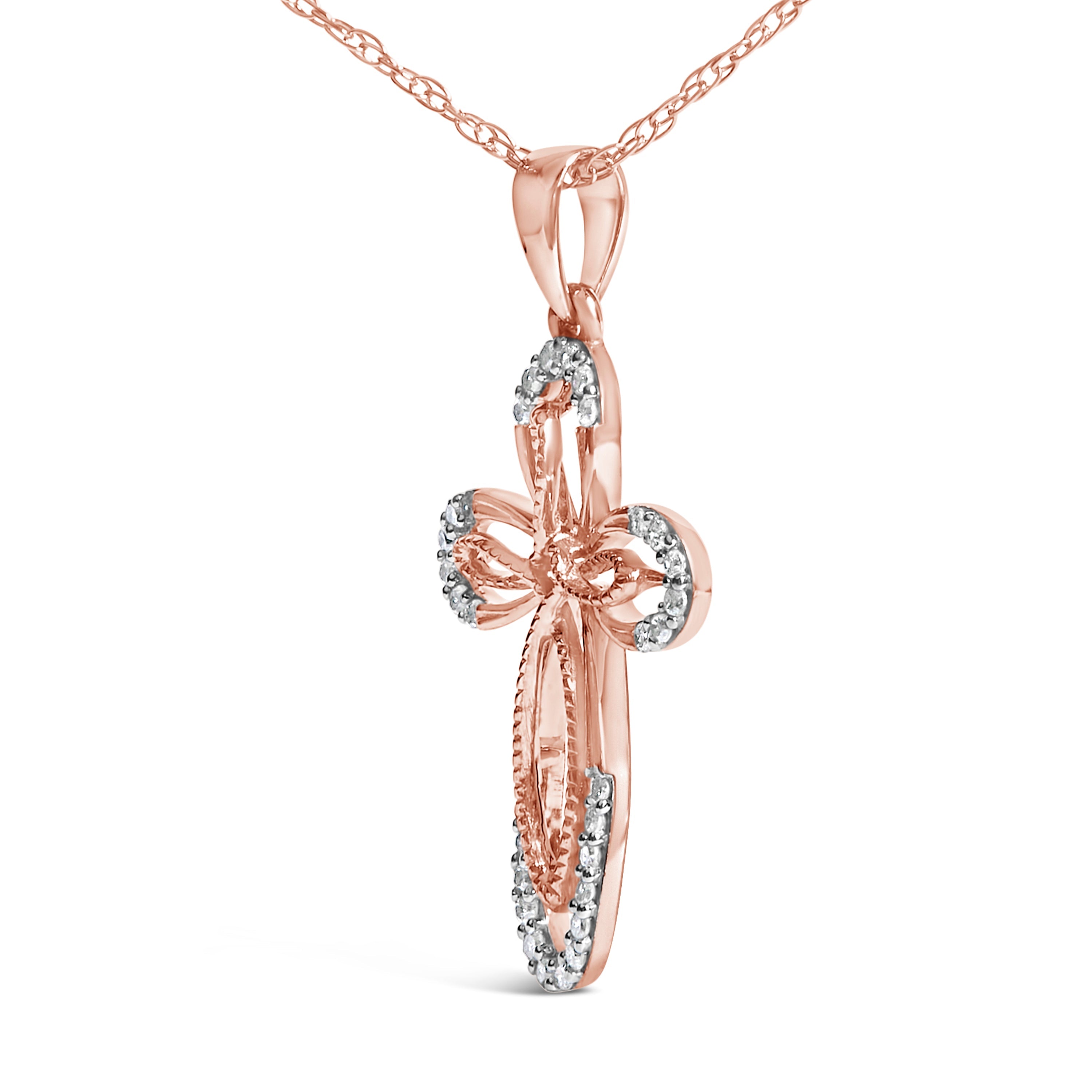 10K Rose Gold Plated Sterling Silver 1/6 Cttw Diamond Double Loop Cross Pendant Necklace