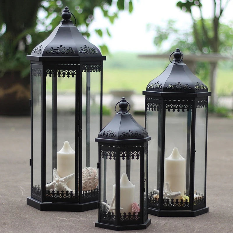 Wrought Iron Candlestick European Style Windproof Lamp Glass Lantern Wind Lamp Candlestick For Wedding Ornament Outdoor Floor