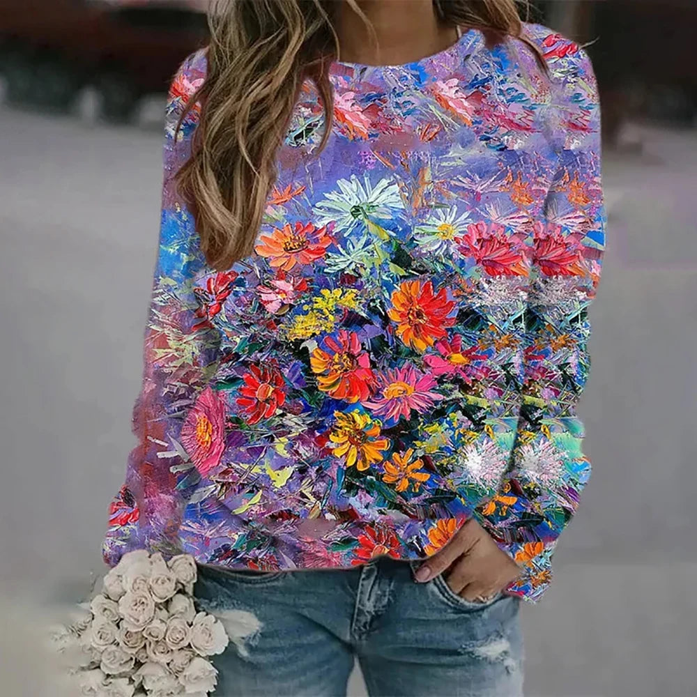 Women's Oil Painting Floral Print Long Sleeve T-Shirt Casual Crewneck Streetwear Tops Pullover Homewear