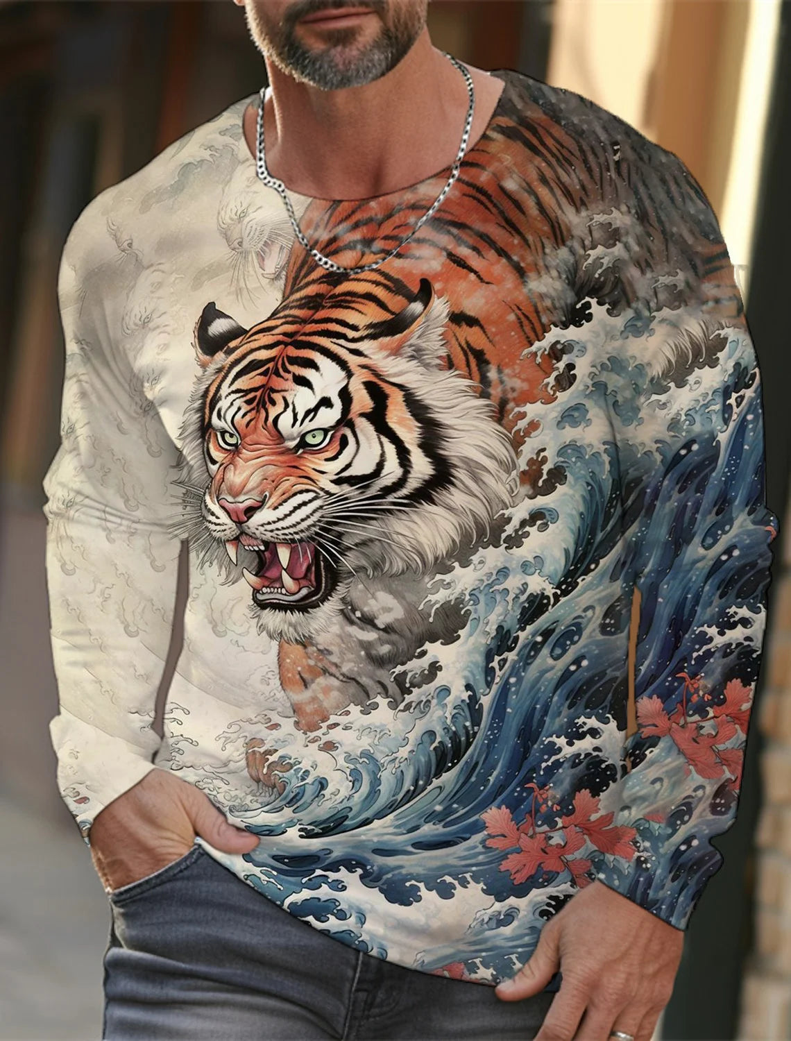 2024 new men's Ukiyoe long-sleeved T-shirt 3D printed high-definition tiger print men's autumn tops casual round neck T-shirt
