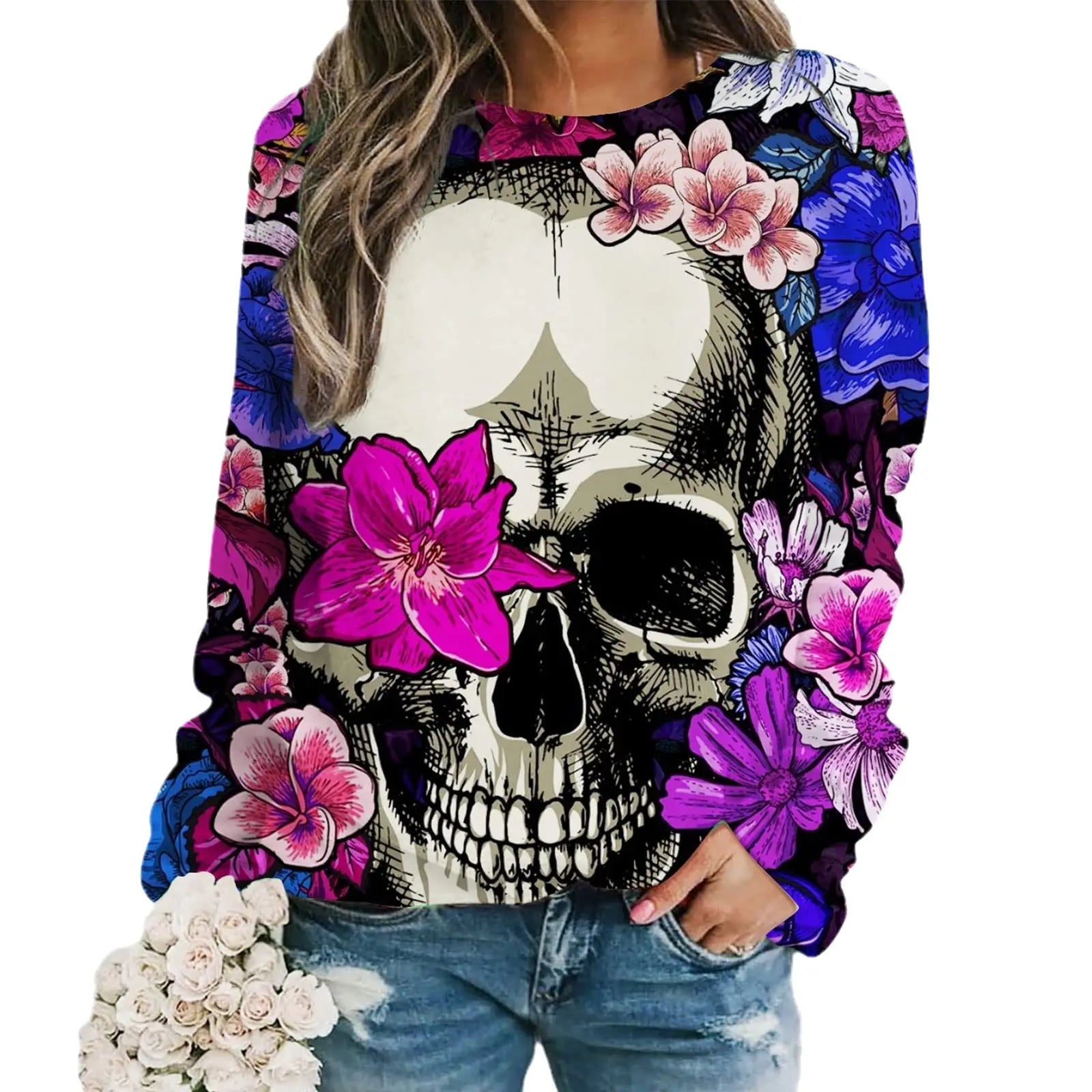 2024 New Women Halloween Crow Printed Casual Sweatshirt Round Neck Casual Basic Loose Fashion Women Designer Style