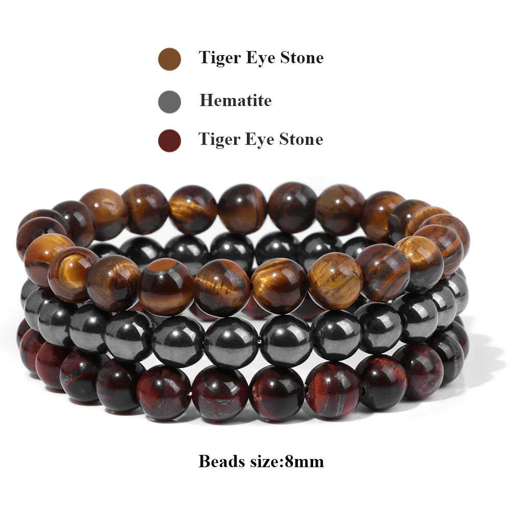 3Pcs/set 8mm Natural Stone Beads Bracelet Set Pink Zebra Rhodonite Moonstone Agates Hematite Bracelets For Women Men Jewelry