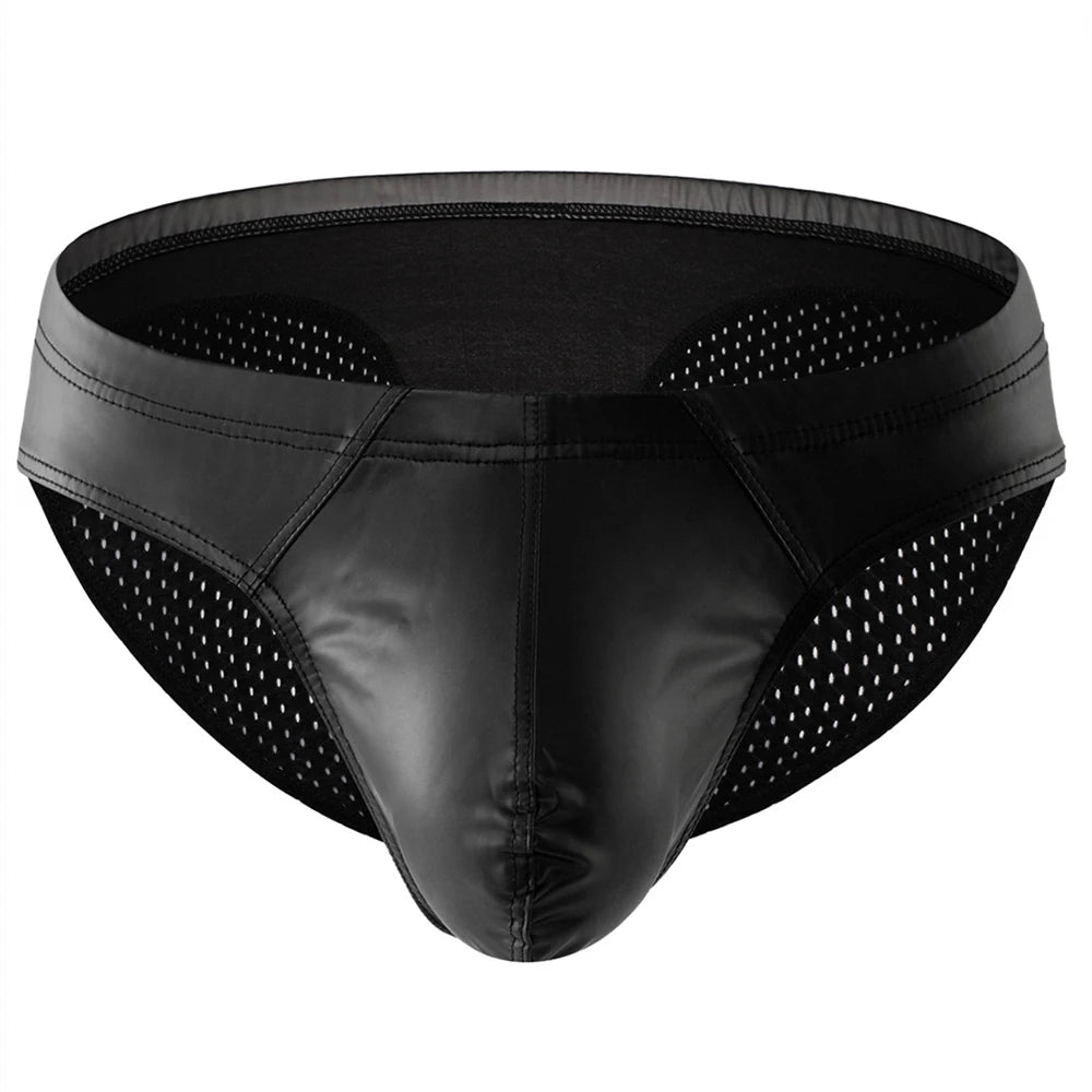Sexy Pu Leather Briefs Mesh Butt Men Underwear Panties Penis Pouch Bikini Underpants Slips Lingerie hombre