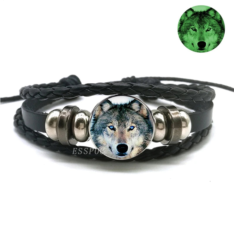 Glow In The Dark Wolf Head Bracelet Multilayer Leather Bracelet Charm Women Men Fashion Luminous Bracelets Wolf Jewelry