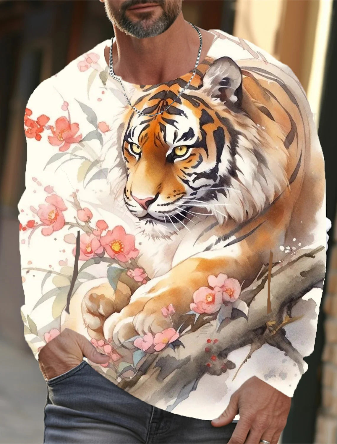 2024 New Tiger Print Pullover Autumn Winter Men's Casual Long Sleeve Round Neck Sweatshirt Streetwear Harajuku Men's Wear