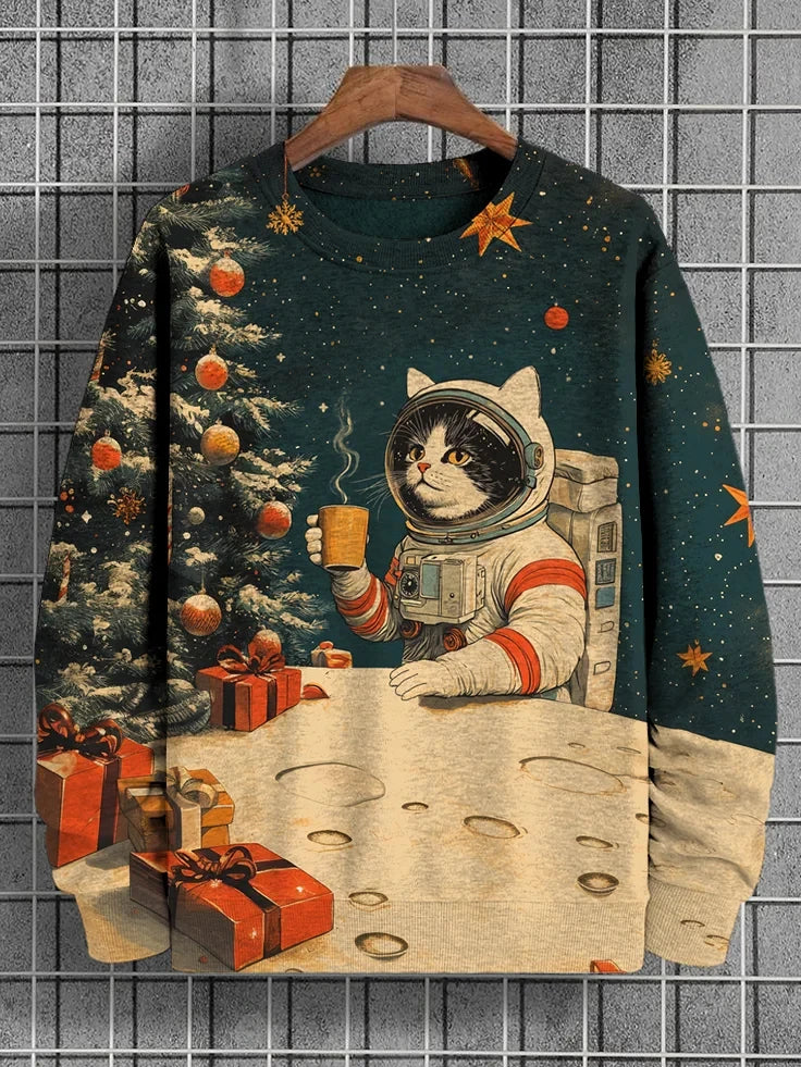 Men's Winter Skiing Animal Kitten Printed Casual Sweatshirt Fashion Round Neck Pullover Sweatshirt Polyester Fabric 2025 New
