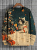 Men's Winter Skiing Animal Kitten Printed Casual Sweatshirt Fashion Round Neck Pullover Sweatshirt Polyester Fabric 2025 New