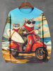 Men's Winter Skiing Animal Kitten Printed Casual Sweatshirt Fashion Round Neck Pullover Sweatshirt Polyester Fabric 2025 New