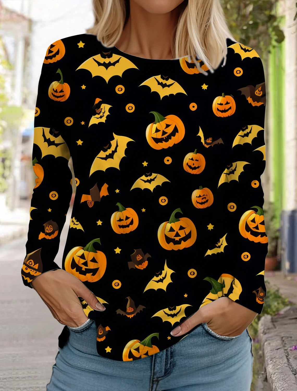 Halloween skull pumpkin print pullover autumn and winter women's casual long sleeve round neck sweatshirt men's clothing