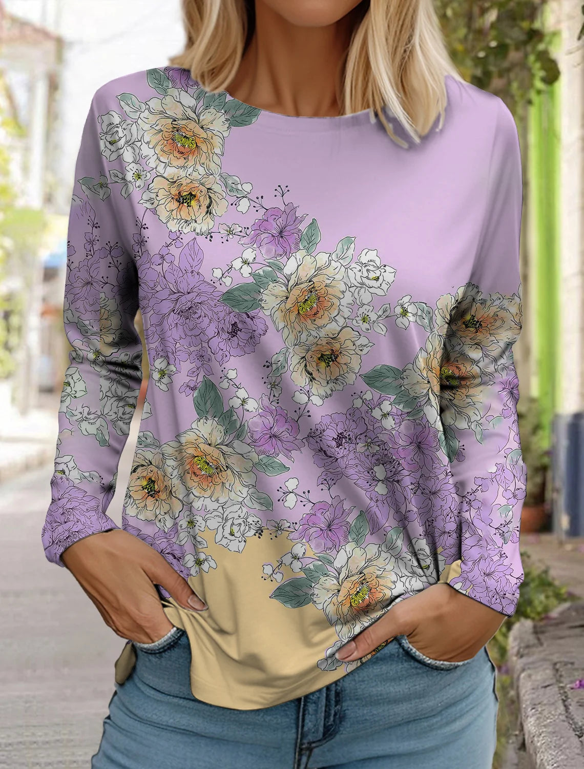 Women's white long-sleeved tops round neck casual tops 3d printed flowers fashion stickers printed women's long-sleeved T-shirt