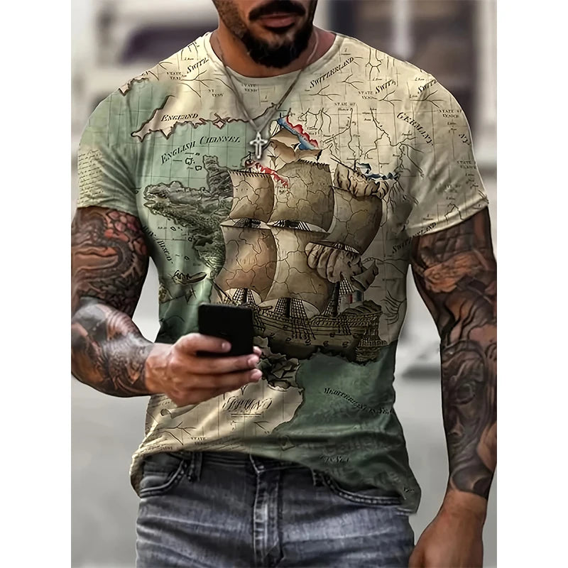 Sailing Ship Graphic T-Shirts Sailboat 3D Print Men Women T Shirt Short Sleeve Oversized Harajuku Y2k Tops Tees Kids Clothing