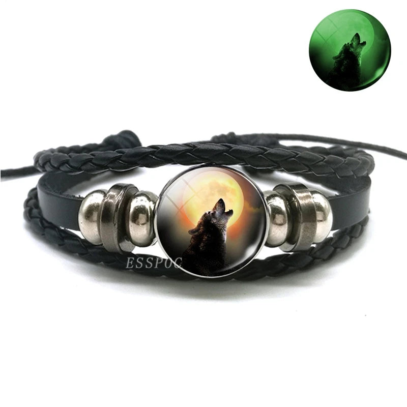Glow In The Dark Wolf Head Bracelet Multilayer Leather Bracelet Charm Women Men Fashion Luminous Bracelets Wolf Jewelry