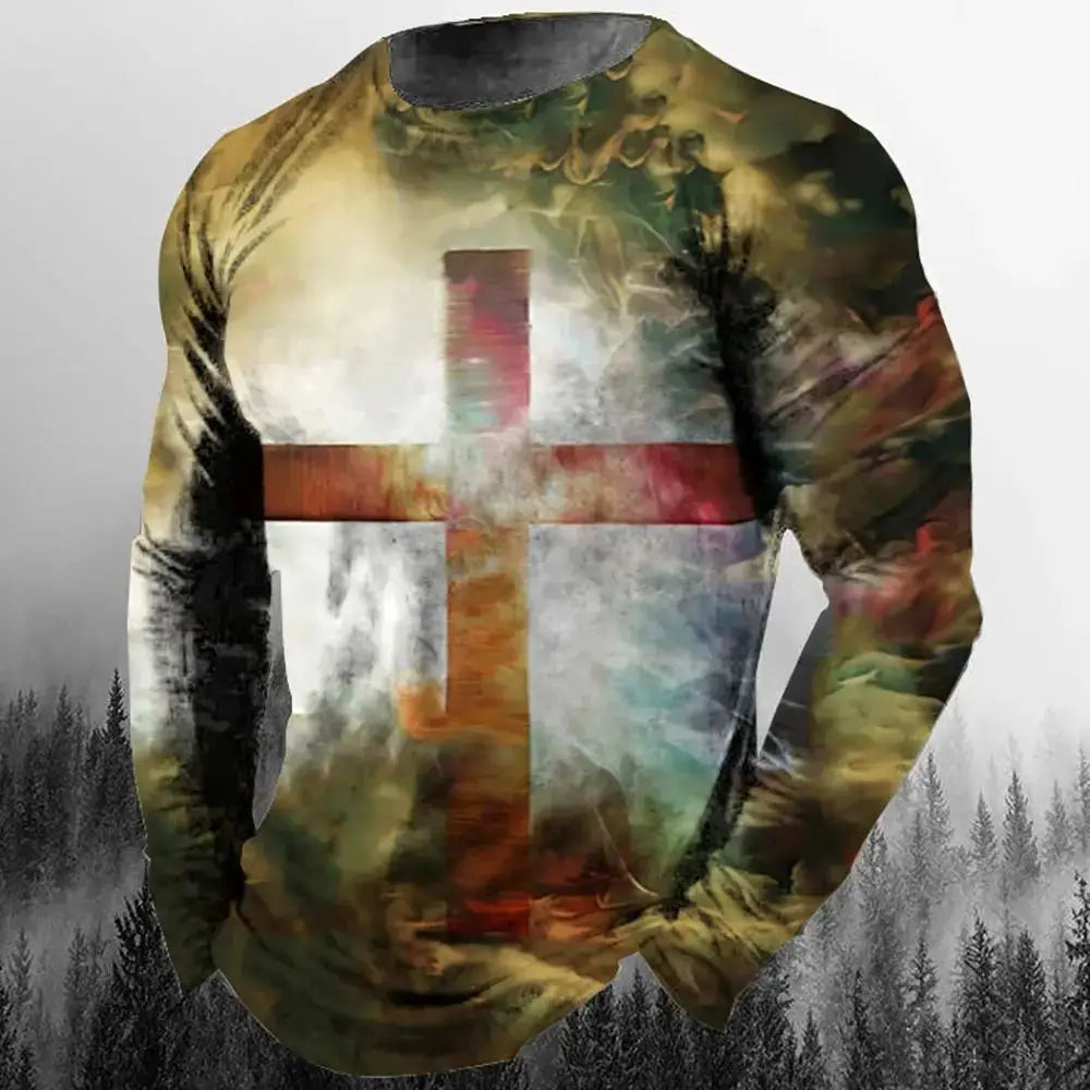 Fashion Casual Men's Long Sleeve T-Shirt 3d Printed Retro Jesus Christ Street Personality Loose O Collar Harajuku Oversized Top