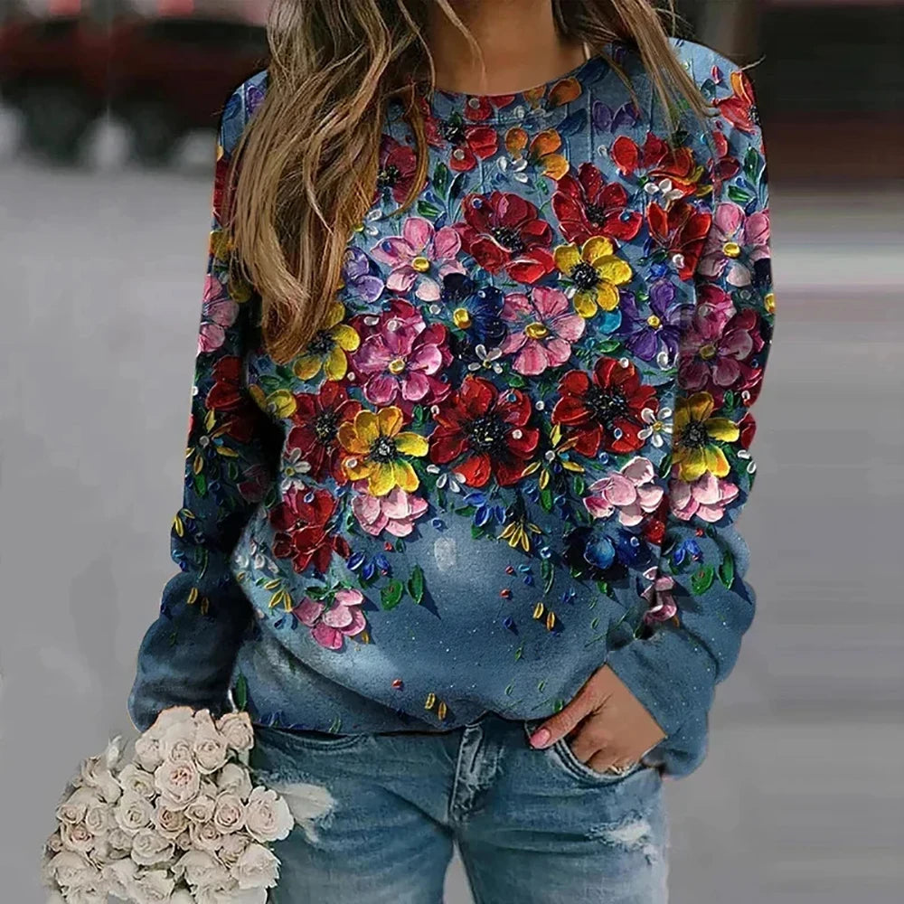 Women's Oil Painting Floral Print Long Sleeve T-Shirt Casual Crewneck Streetwear Tops Pullover Homewear