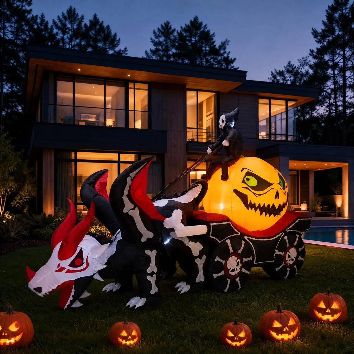 12ft Halloween Inflatable Dragon Carriage With 3 Led Lights, Blow Up Outdoor Yard Lawn Porch Haunted House Party Decor Toy