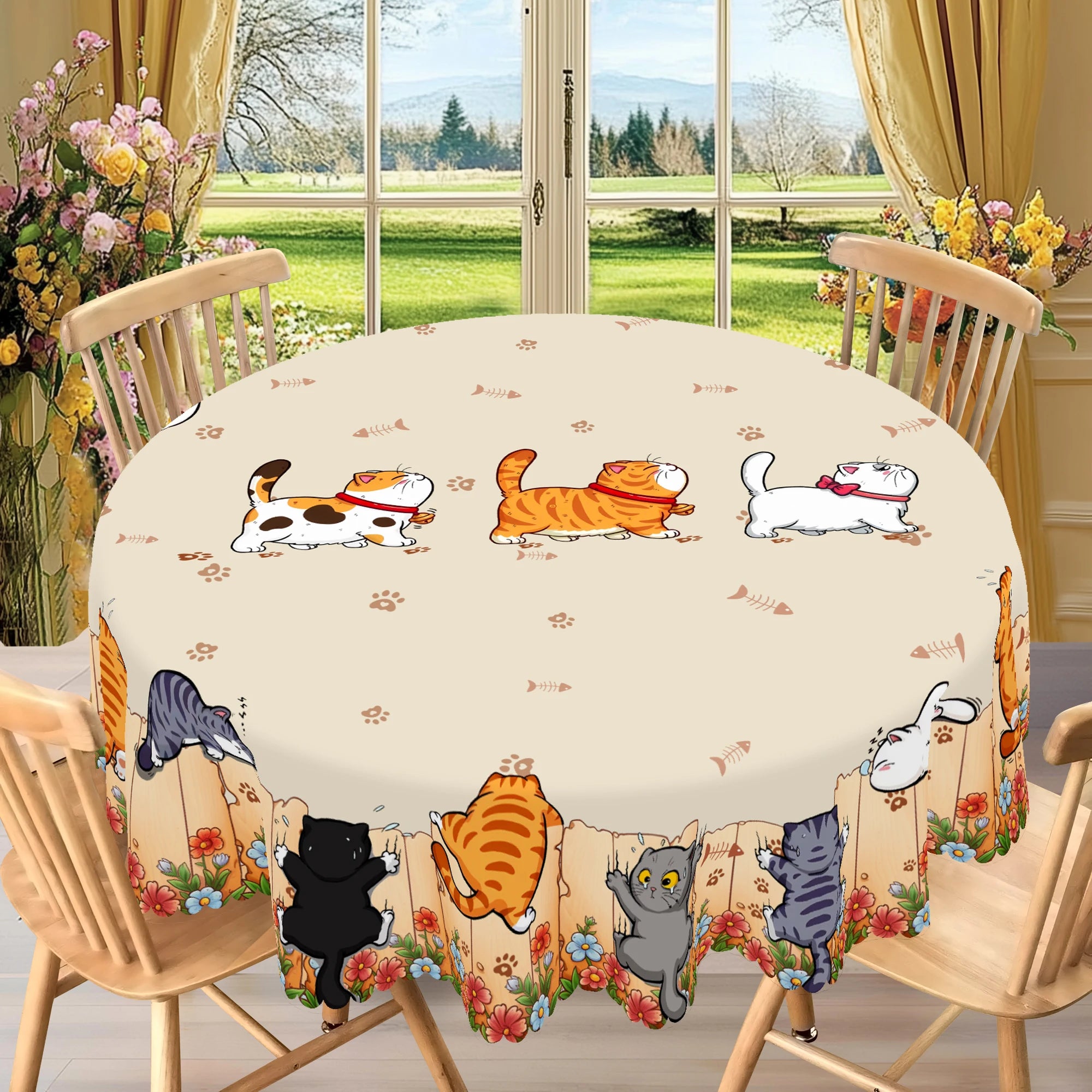 1 Piece of Cute Cat Round Tablecloth, 5 Sizes Available, Cute Cartoon Cat Pattern Printed Desk Tablecloth, Edge Embossing Process, Courtyard Bedroom Decoration, Tablecloth for Daily Home Kitchen, Terrace Use, Spring Decoratio