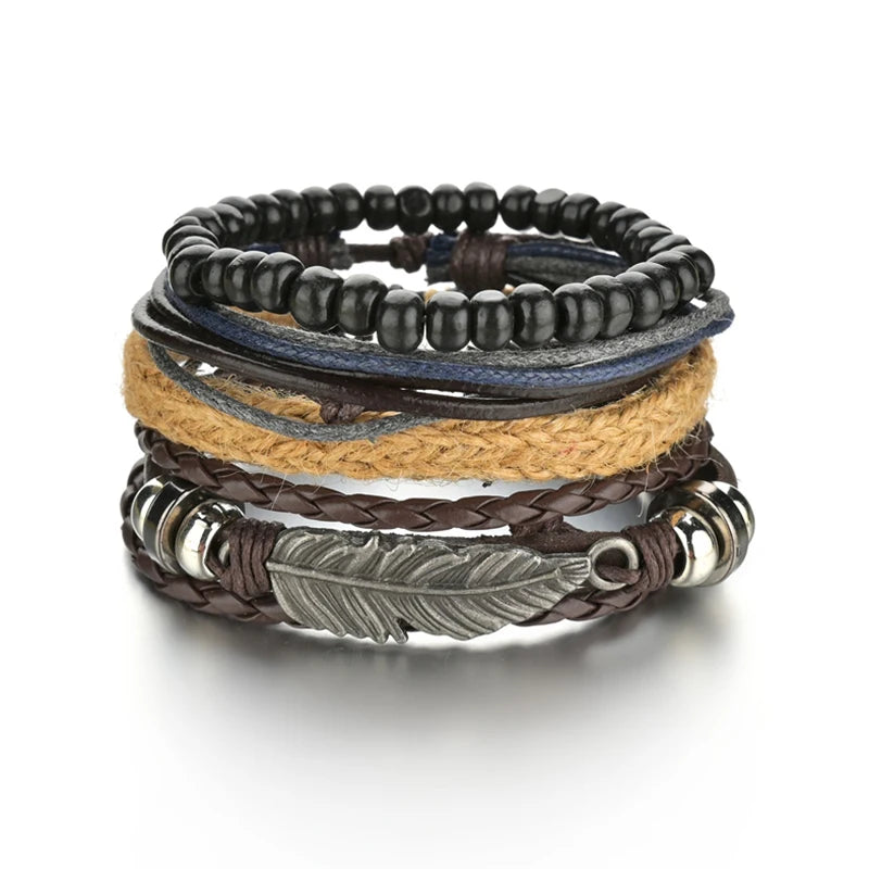 MeMolissa New Fashion Braided Wrap Leather Bracelets for Men High Quality Vintage Charm Wood Beads Ethnic Tribal Wristbands