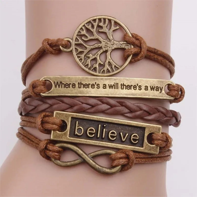 Brown Braided Wrap Leather Infinity Charm Bracelet Believe Tree of Life