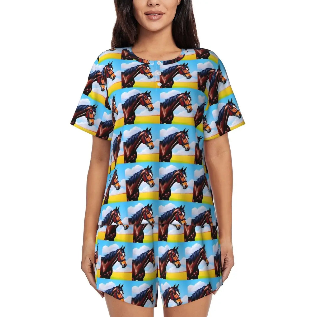 Horse Race Pajamas Summer 2 Pieces 1930s Classic Art Cute Pajama Sets Womens Short-Sleeve O Neck Night Pattern Sleepwear