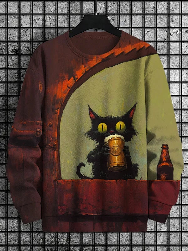 Men's Retro Animal Kitten Printed Casual Sweatshirt Fashion Round Neck Pullover Sweatshirt Polyester Fabric 2025 New
