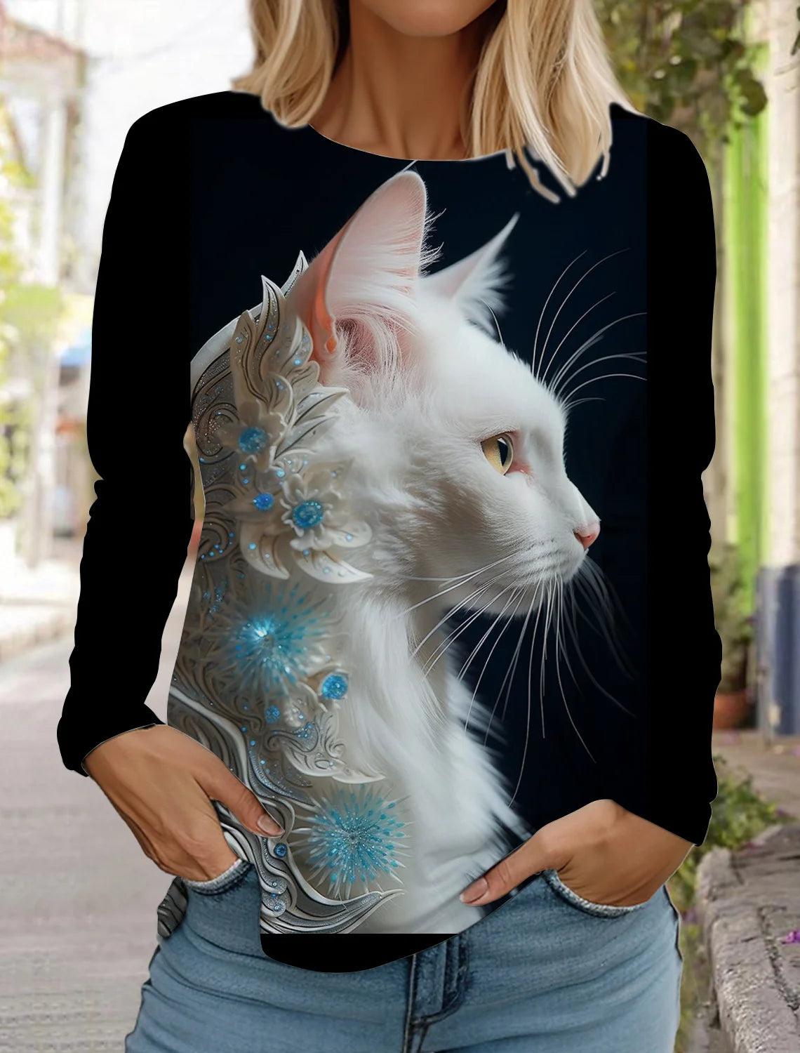 2024 Autumn and Winter Women's Long Sleeve 3D Printed Kitten Cute Print T-Shirt Women's Streetwear Round Neck Long Sleeve