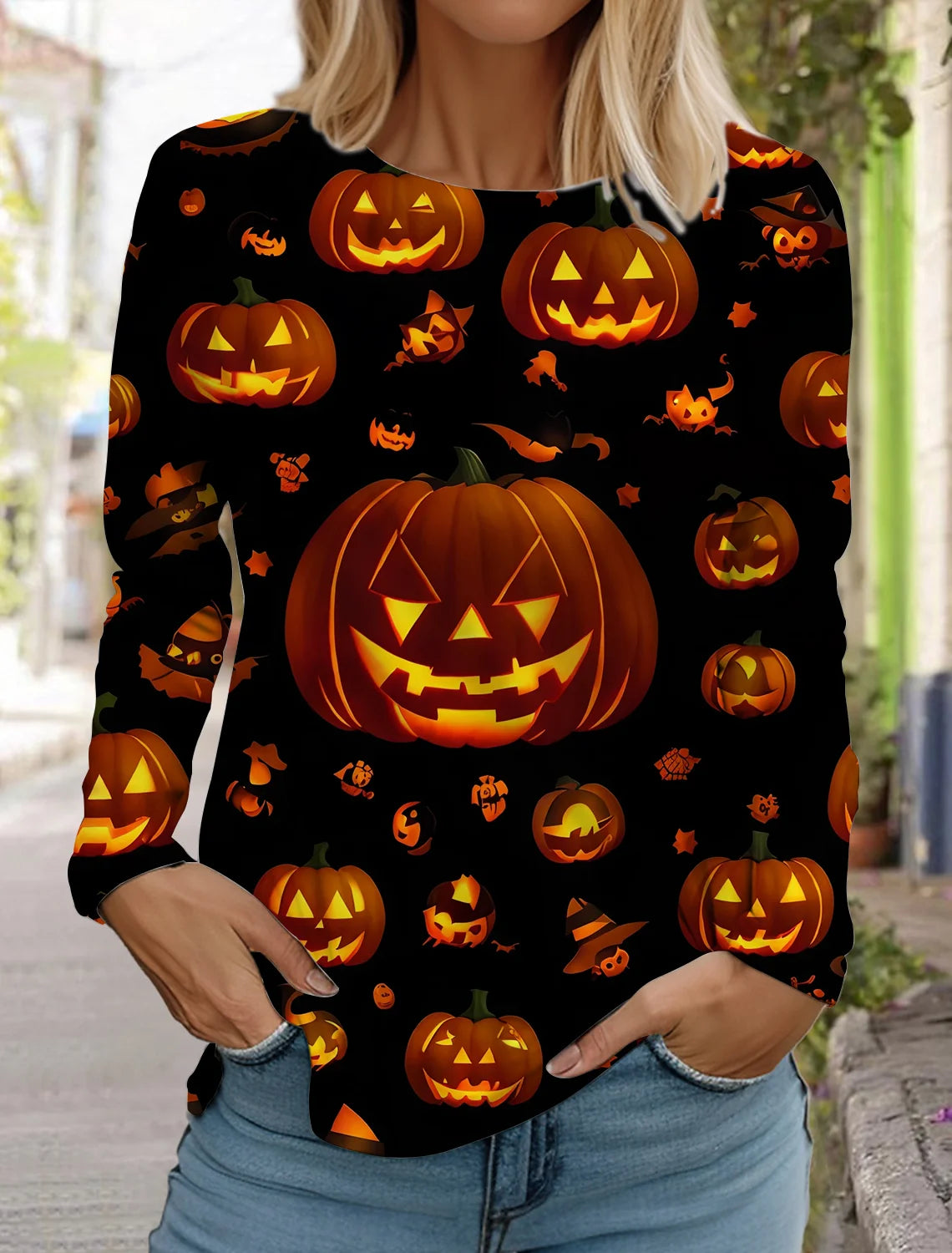 Halloween skull pumpkin print pullover autumn and winter women's casual long sleeve round neck sweatshirt men's clothing