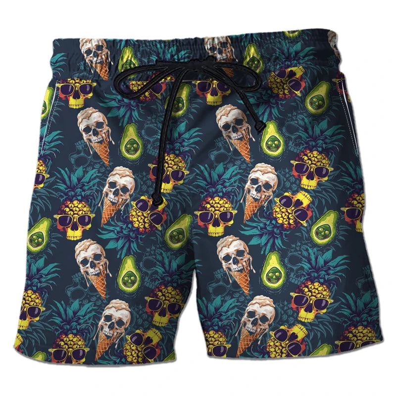 Harajuku Skull Graphic Beach Shorts Hawaiian Male Boardshorts Goth Skeleton Flower Bermudas Hip Hop Short Pants For Men Trousers