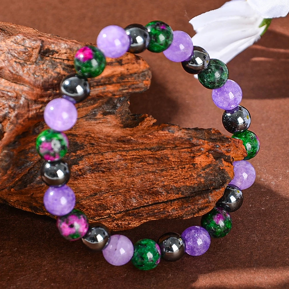 1 Piece of Depression-Healing Bracelet, Made of Natural Stone Including Flower-Green Stone and Purple Mica