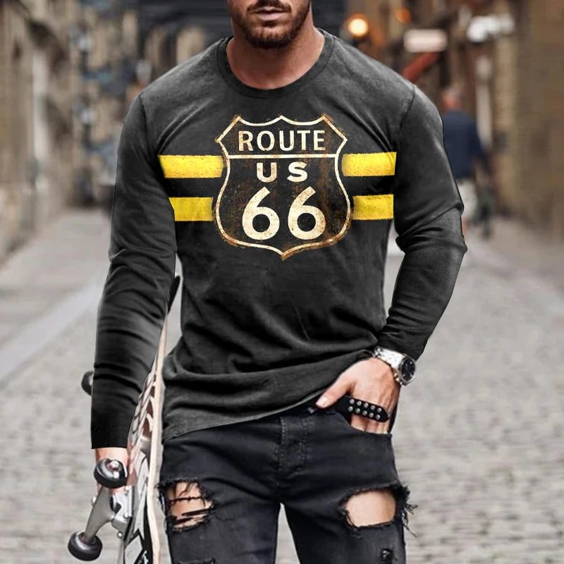 2024 Men's T-shirts Long Sleeve 3d Print Top Casual Cotton Vintage T Shirt Vintage Route 66 Tee Loose Sports O-neck Clothing 5xl
