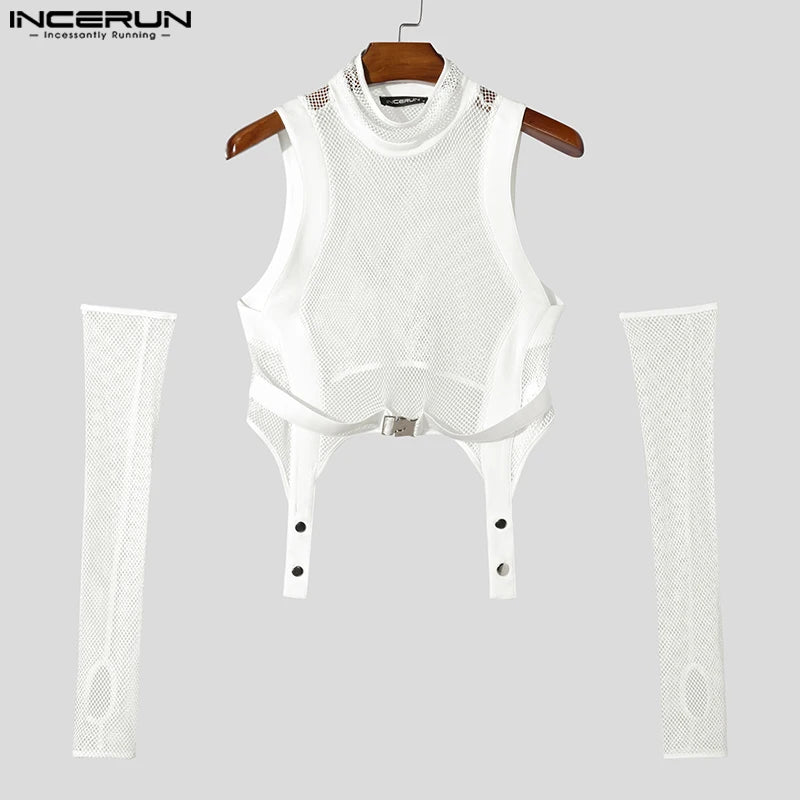 Fashion Casual Style Tops INCERUN Men Deconstruction Sleevelet Vests Sexy Buckle Mesh Splicing Half High Neck Cropped Tank Tops