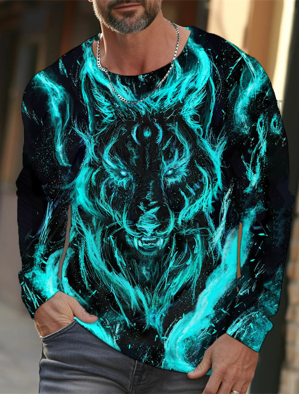 Men's long sleeve t-shirt 3d print high definition wolf animal hand-painted print men's autumn top casual round neck t-shirt