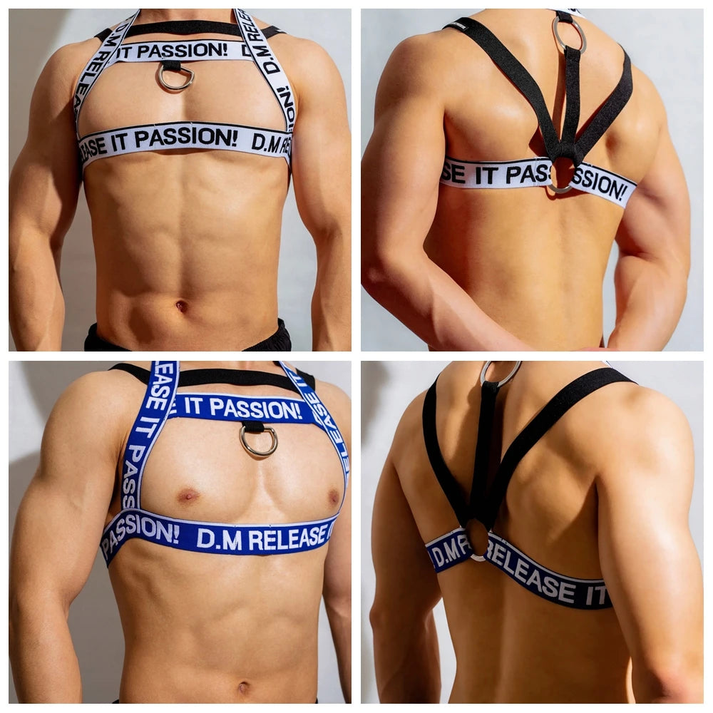 Party Harness Men Strap Costume Sexy Shoulder Bondage Chest Lingerie Metal Ring Elastic Belt Erotic Hombre Hollow Jockstrap #911