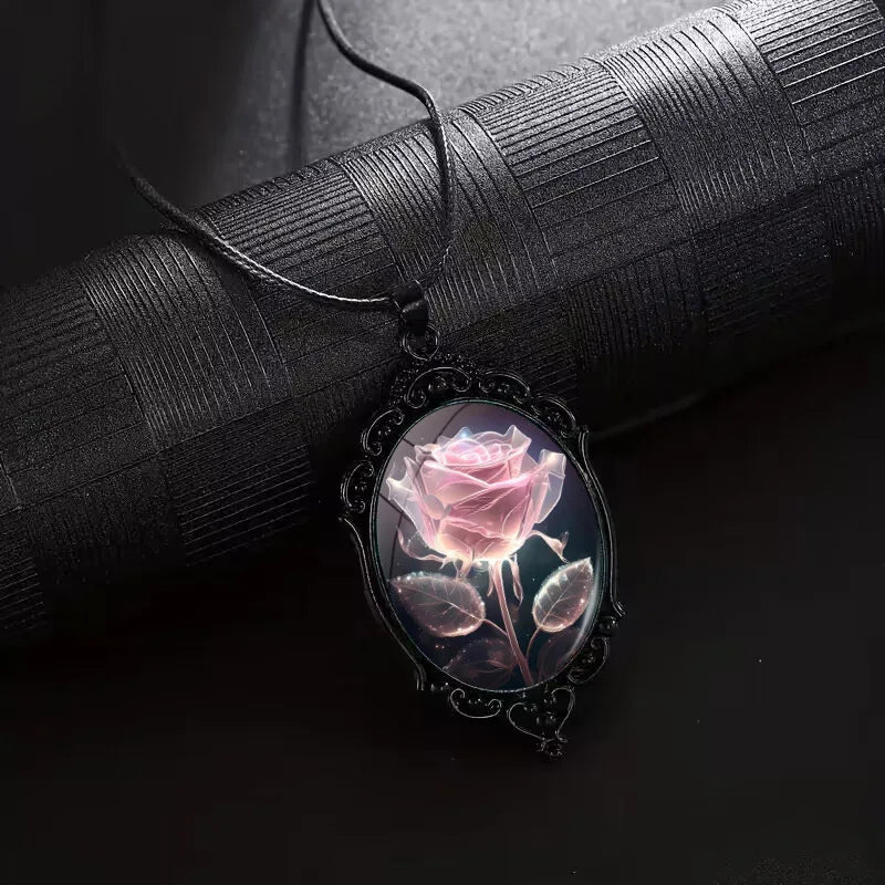 Charm Pink Flower Pendant Necklace Rose Pattern Glass Ellipse - A niche style suitable for Romantic Gifts and Special Occasions