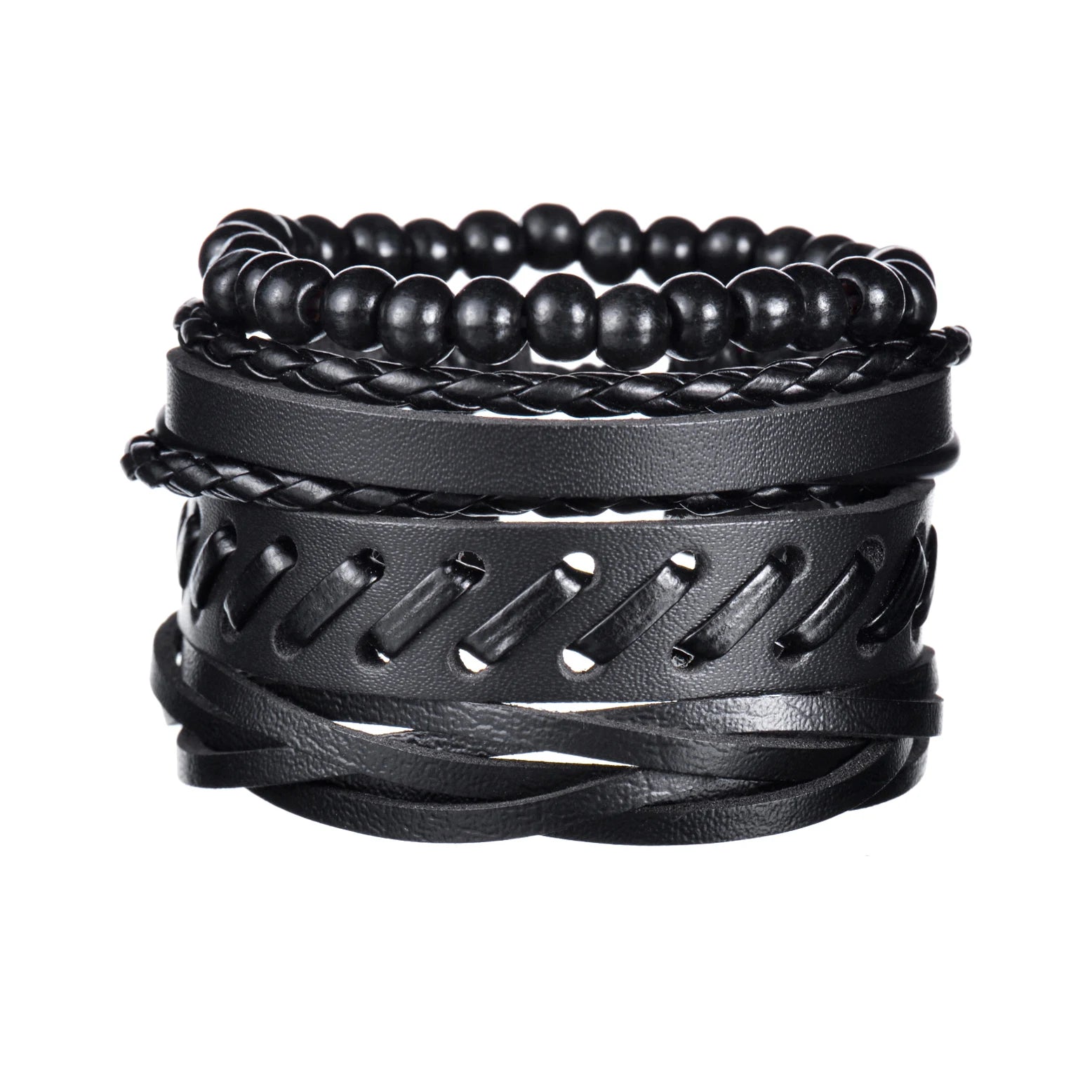 New Trendy Retro 4pcs/Set Bracelets & Bangles Men's Multilayer Black Leather Jewelry Charm Pulseiras Boyfriend Wristband