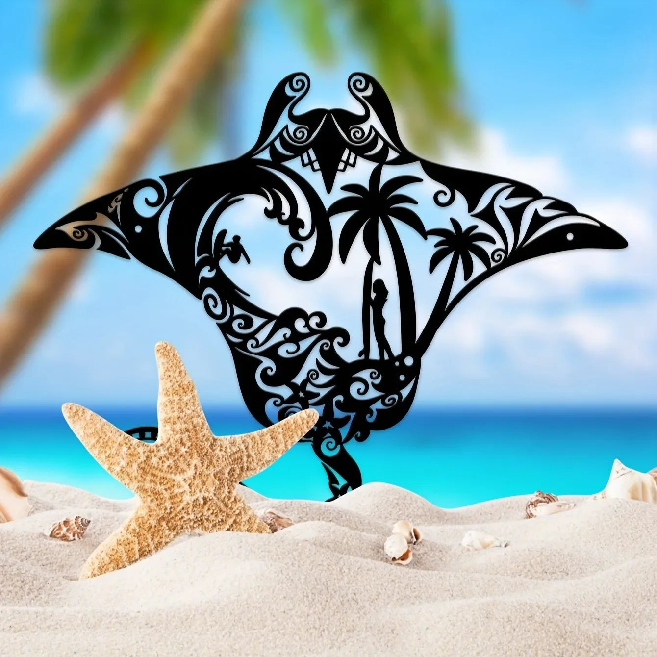 Coastal Charm Metal Manta Ray Wall Art - Beach-Themed Decor With Surfboard, Waves, Starfish & Palm Silhouette For Living Room