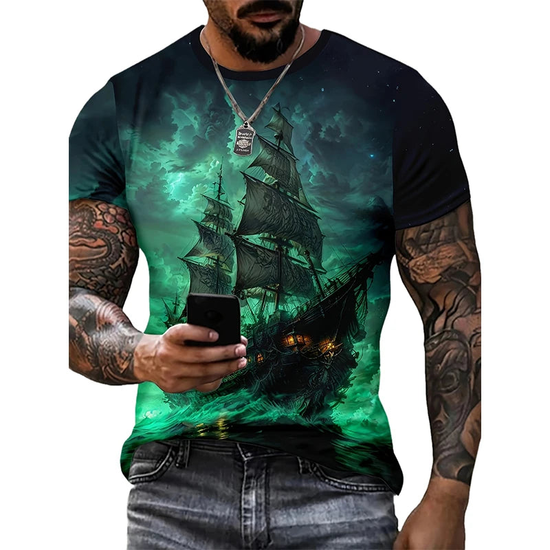 Sailing Ship Graphic T-Shirts Sailboat 3D Print Men Women T Shirt Short Sleeve Oversized Harajuku Y2k Tops Tees Kids Clothing