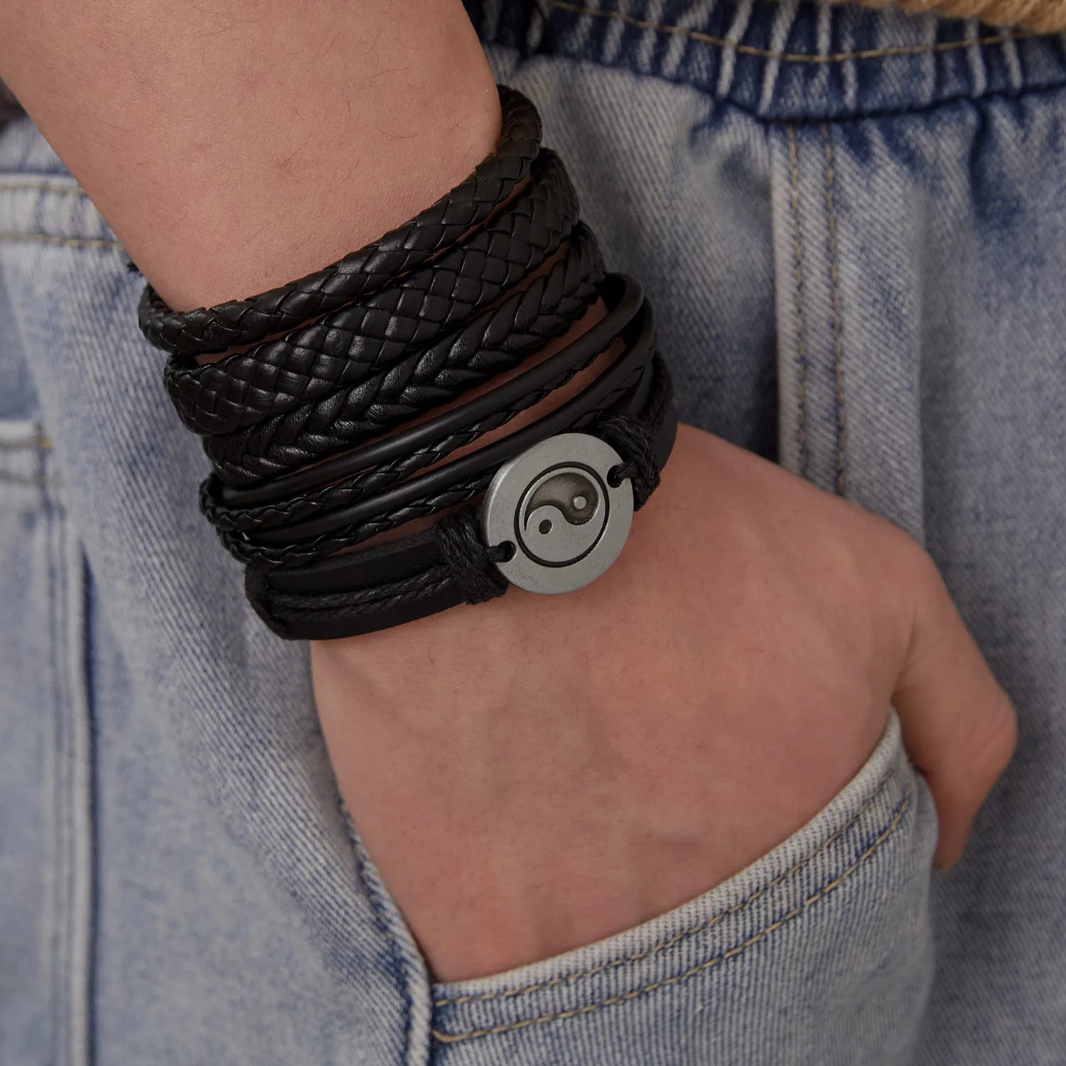 4Pcs/Set Braided Wrap Leather Bracelet for Men Women Vintage Yin Yang Infinity Wood Beads Charm Bracelets Male Wristband Jewelry