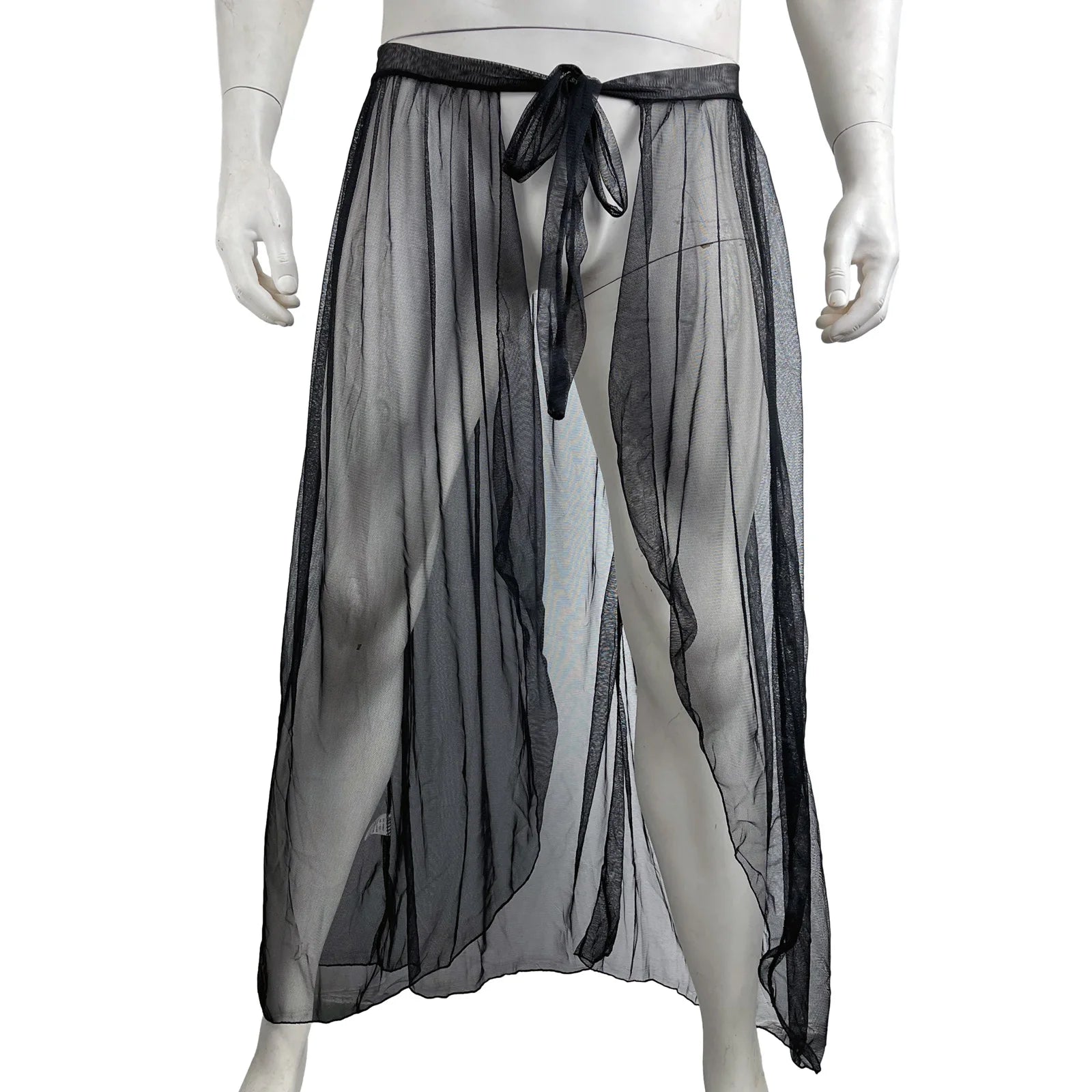 CLEVER-MENMODE Sexy Mesh Sleep Bottoms Men Pajamas See Through Long Sleepwear  Side Spilt Nightdress Transparent Culottes