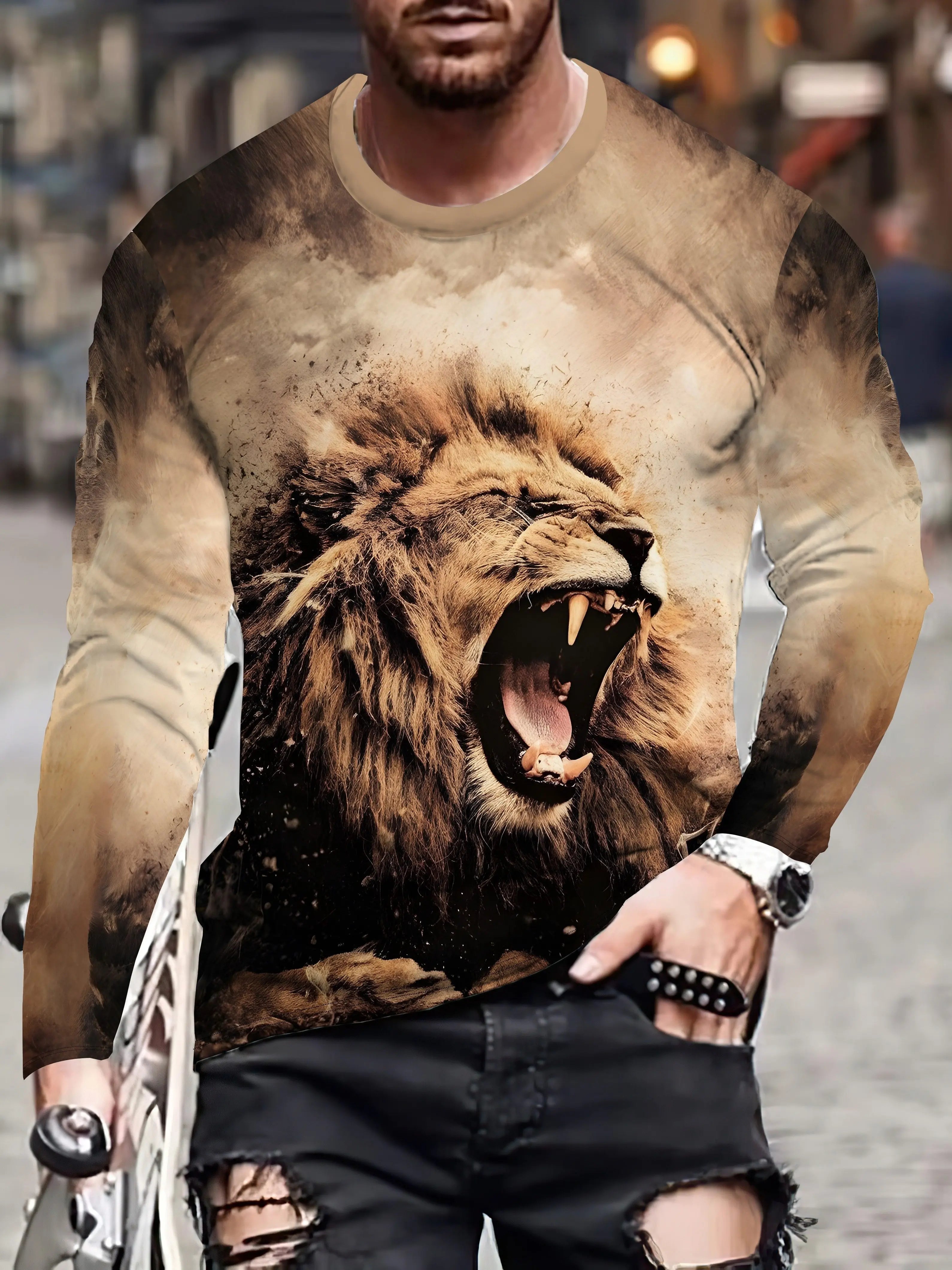 Black and white tiger print men's T-shirt fashion long-sleeved T-shirt casual round neck street top loose pullover autumn