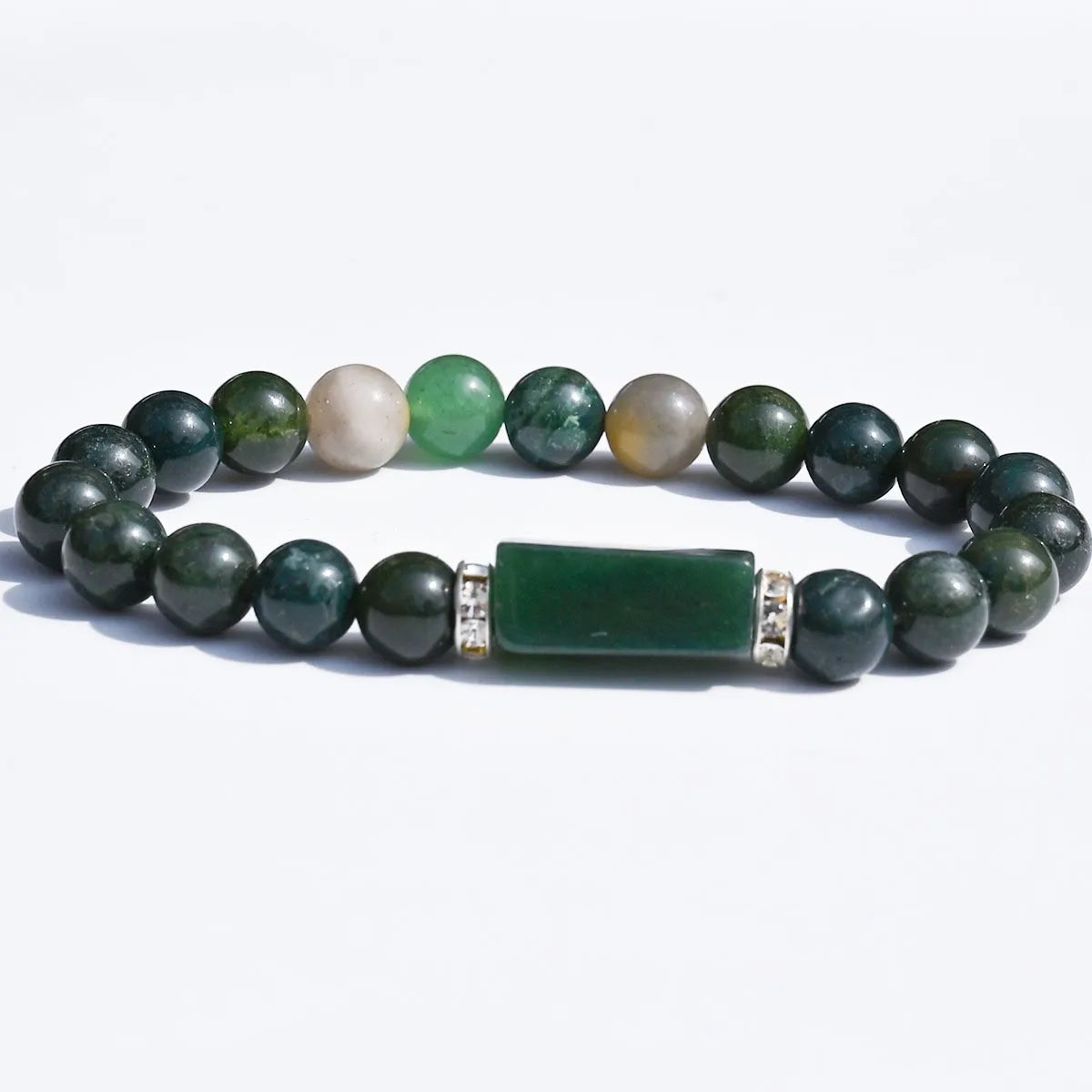 Natural Stone Bracelet: Featuring Rectangular Rose Quartz Plaques, Round Beads, Agate, Obsidian, and Raw Amazonite
