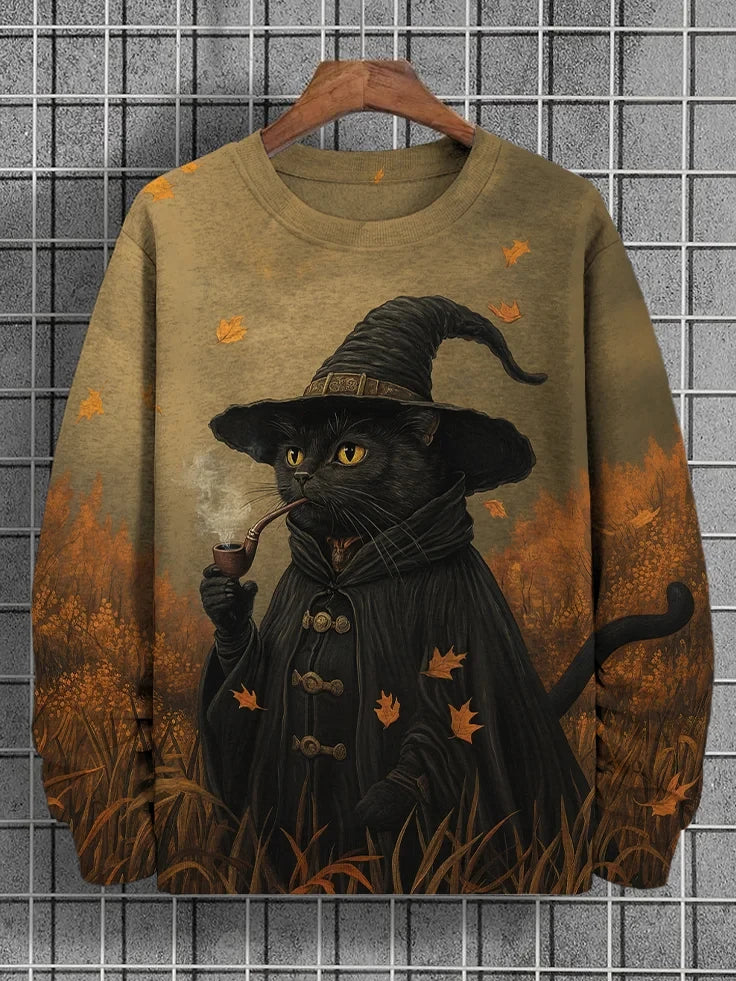 Men's Winter Skiing Animal Kitten Printed Casual Sweatshirt Fashion Round Neck Pullover Sweatshirt Polyester Fabric 2025 New