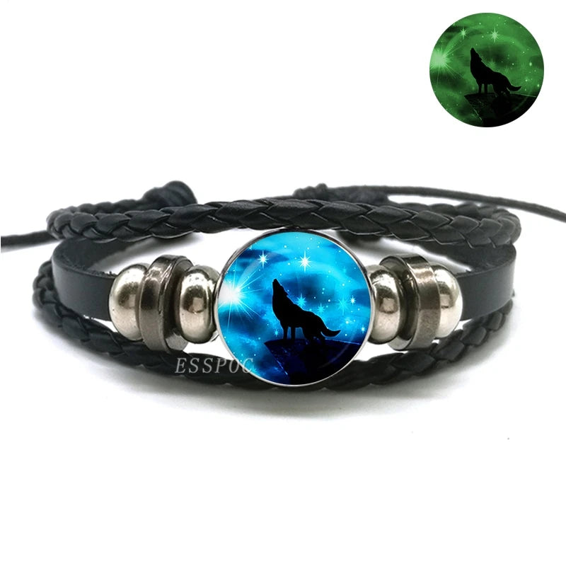 Glow In The Dark Wolf Head Bracelet Multilayer Leather Bracelet Charm Women Men Fashion Luminous Bracelets Wolf Jewelry