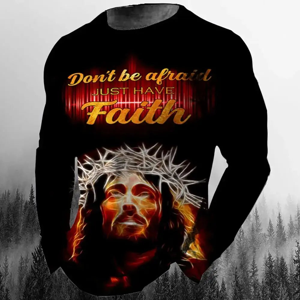 Fashion Casual Men's Long Sleeve T-Shirt 3d Printed Retro Jesus Christ Street Personality Loose O Collar Harajuku Oversized Top