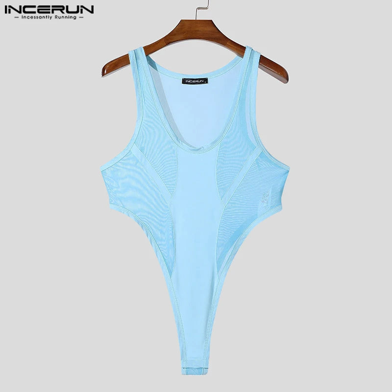 INCERUN American Style Bodysuits Fashion Mens Mesh Splicing Side High Slit Triangle Jumpsuits Sexy Homewear Sleeveless Jumpsuits