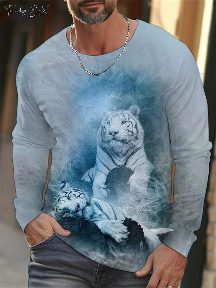 Men's T-Shirts 3D Tiger Print Streetwear Harajuku Fashion O-Neck Graphic T Shirts Tops Casual Sport Long Sleeve Gym Clothing Men