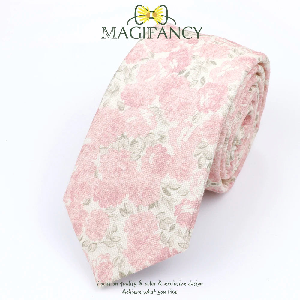 Top Hot Print Floral 6.5cm Necktie 100% Cotton Elegant Beige Sage Pink Men Wedding Party Daily Suit Shirt Cravat Gift Accessory