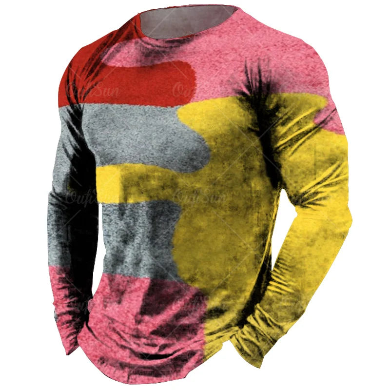 Vintage Men's Long Sleeve T-shirt Tops Plaid Print Autumn Oversized Sweatshirt Male O-neck Casual Daily Streetwear Men Clothing