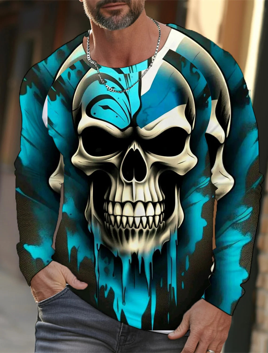 Men's long-sleeved T-shirt 3D printed high-definition skull stitching printing men's autumn tops casual round neck home clothes