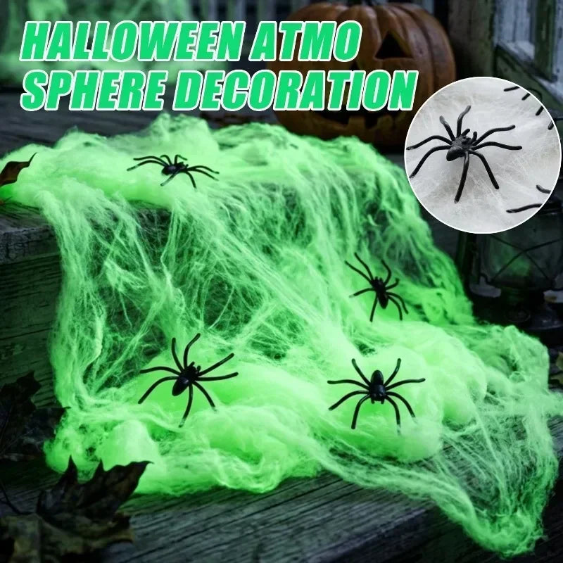 Halloween Luminous Fake Cobwebs with Spiders Glow in The Dark Spider Web Stretchy Spooky Webbing Cosplay Party Home Decor Props